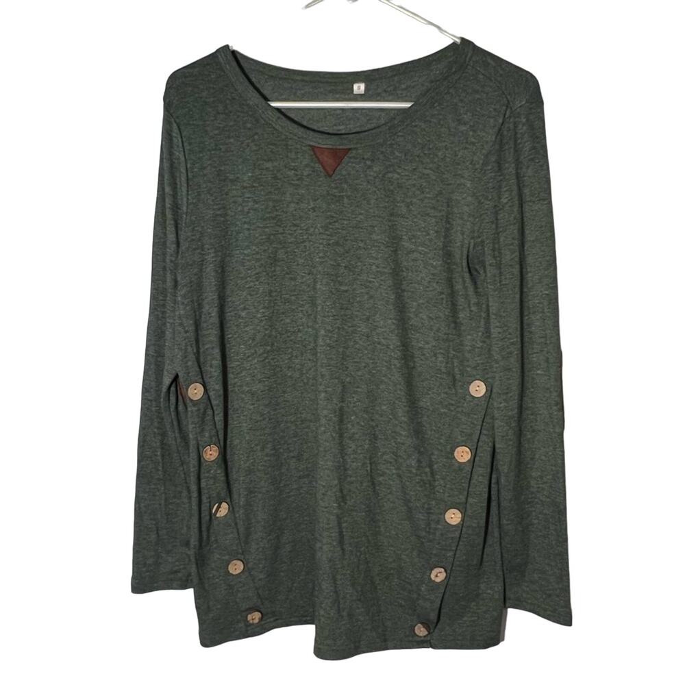 Green brown side button top like Boden Grace shirt elbow patch sz S